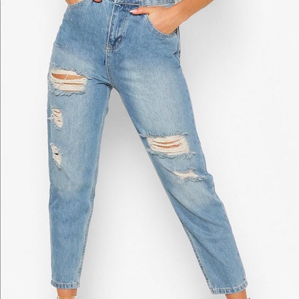 Blue distressed high waisted mom jeans